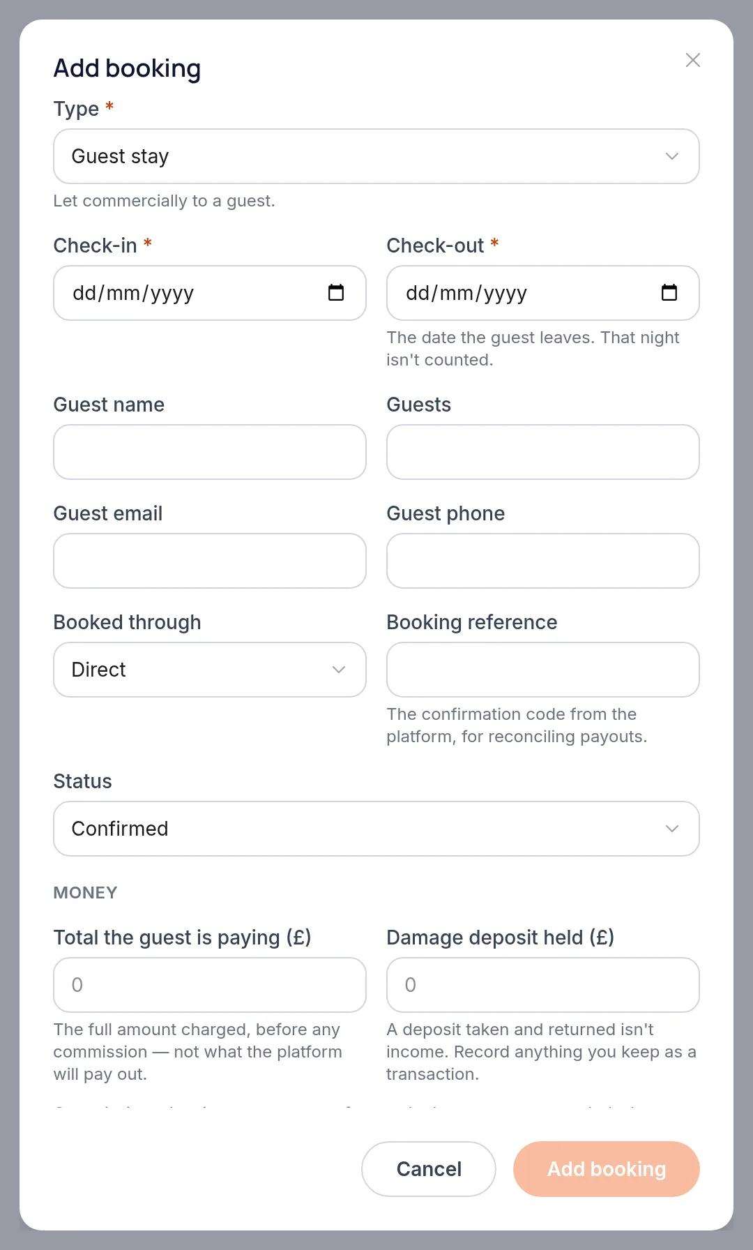 The Add booking dialog with type, check-in and check-out dates, guest details and the total the guest is paying