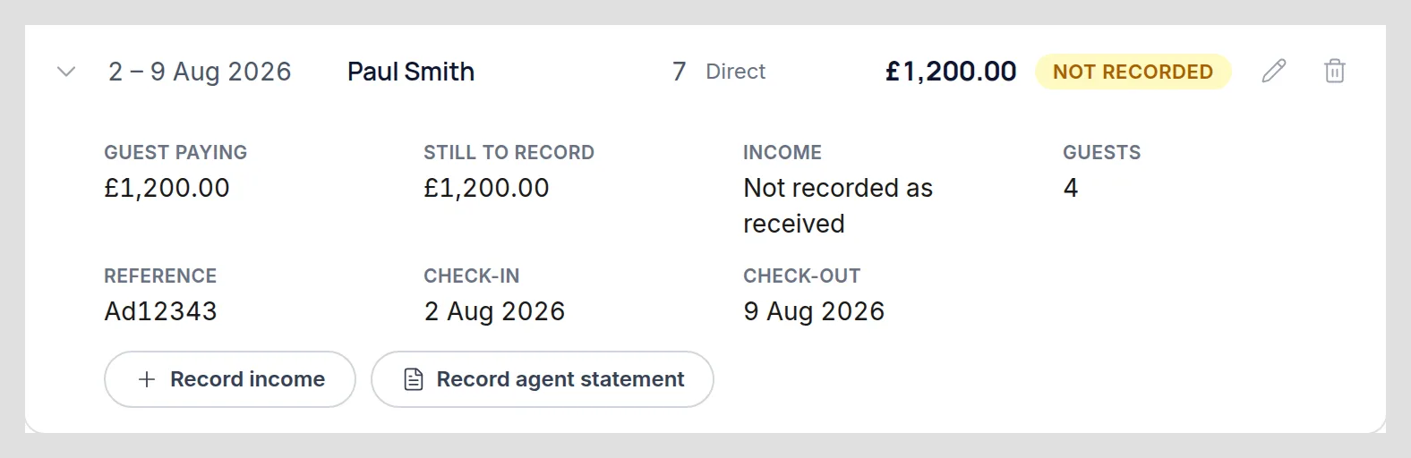 A booking row with a Record income action and a badge showing whether the income has been recorded