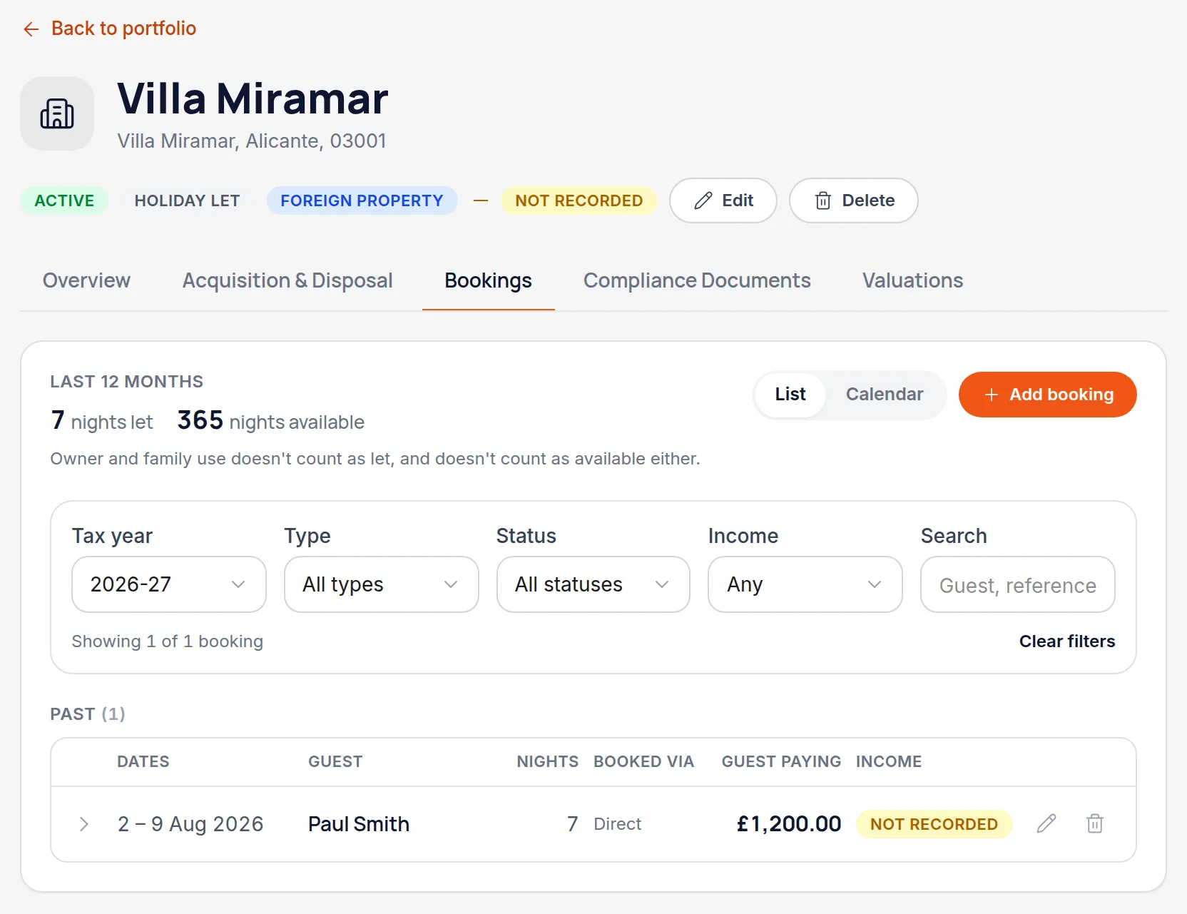 A holiday let's Bookings tab listing stays with dates, guests and amounts, above nights let and nights available counters