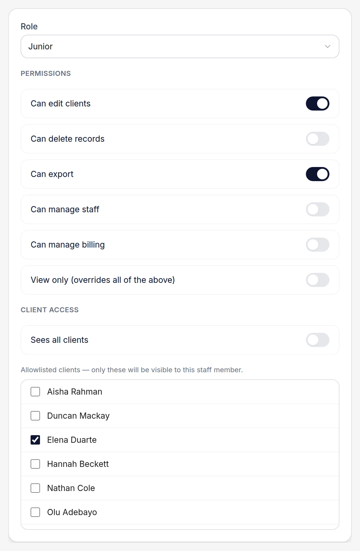 Client access set to a chosen list rather than all clients
