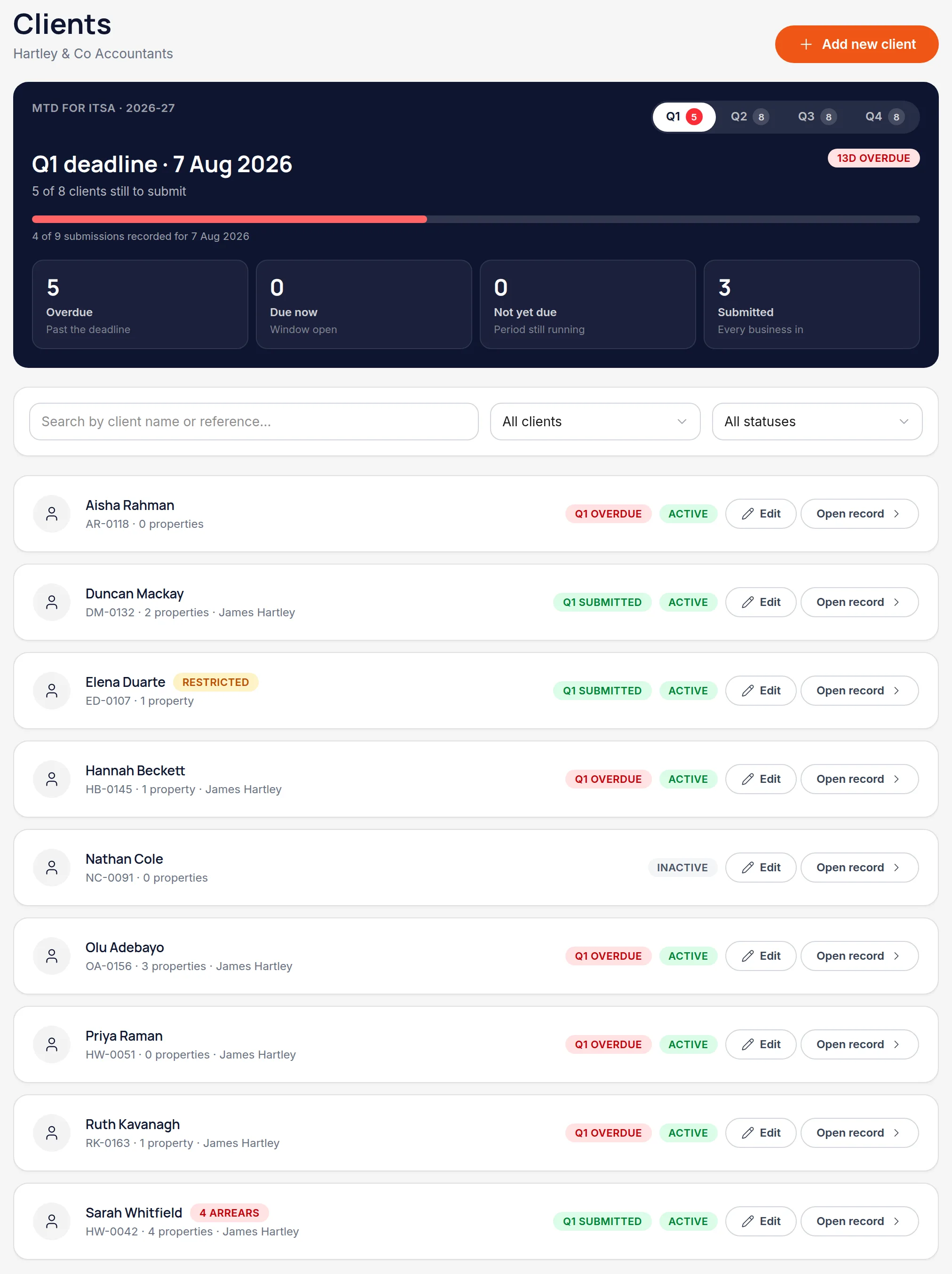 The firm client hub listing clients with references, property counts and status