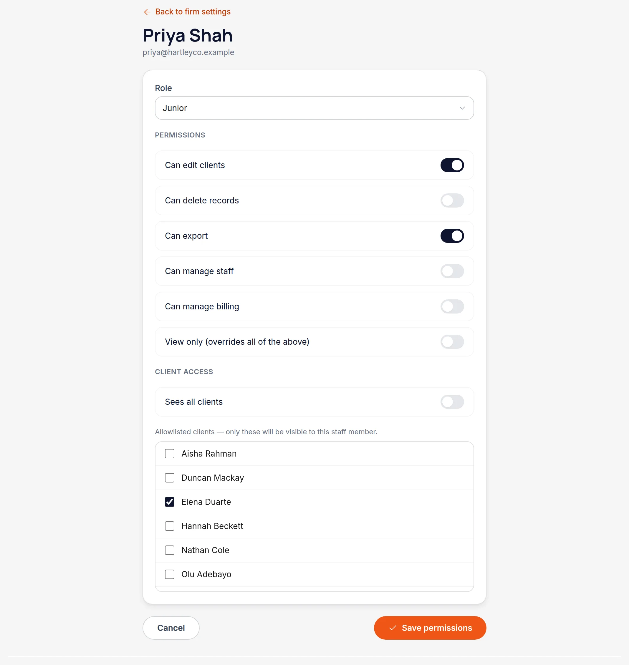 The staff permissions form with switches for editing, deleting, exporting, managing staff and billing