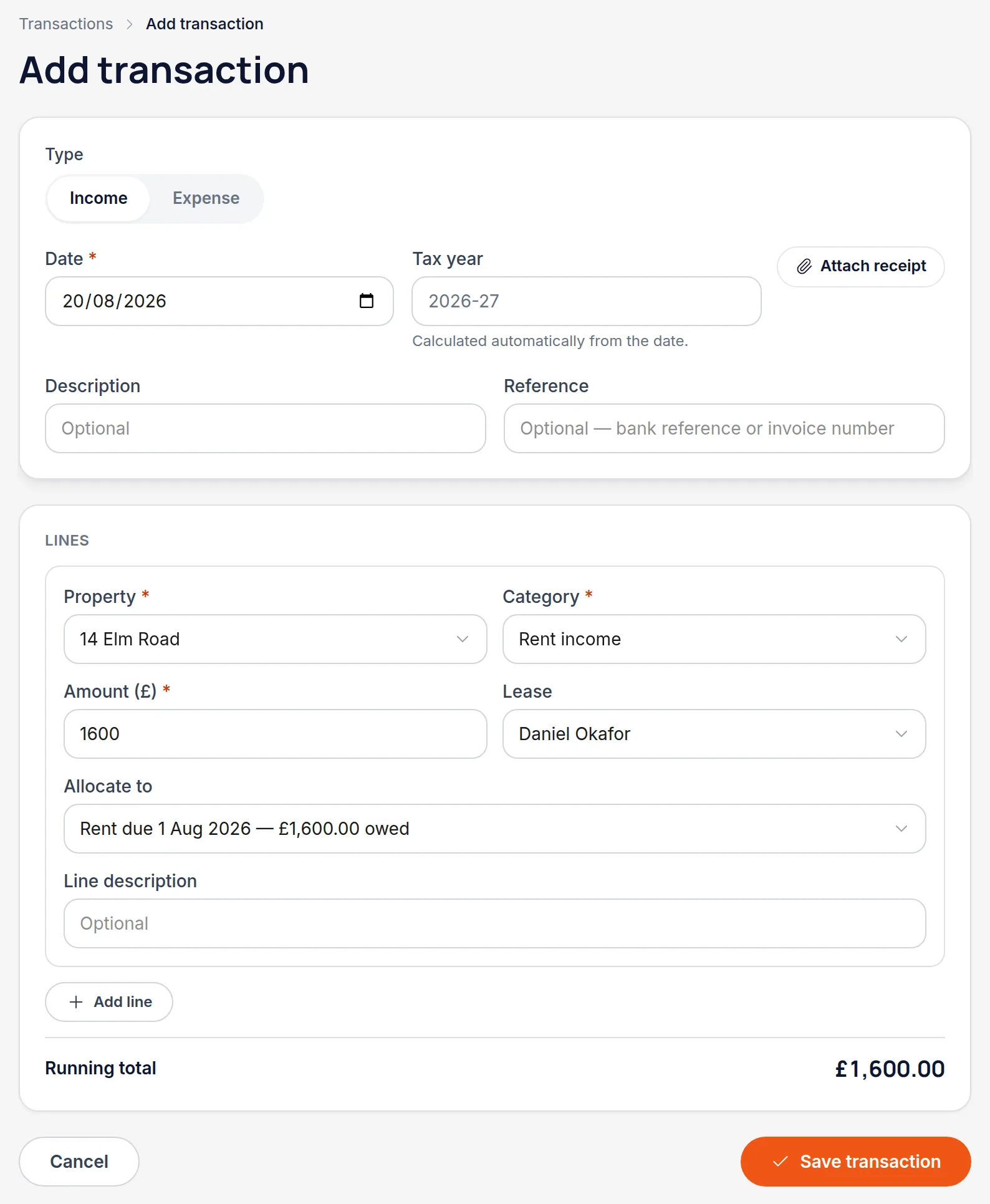 The transaction form opened from a rent charge, pre-filled with property, amount and category