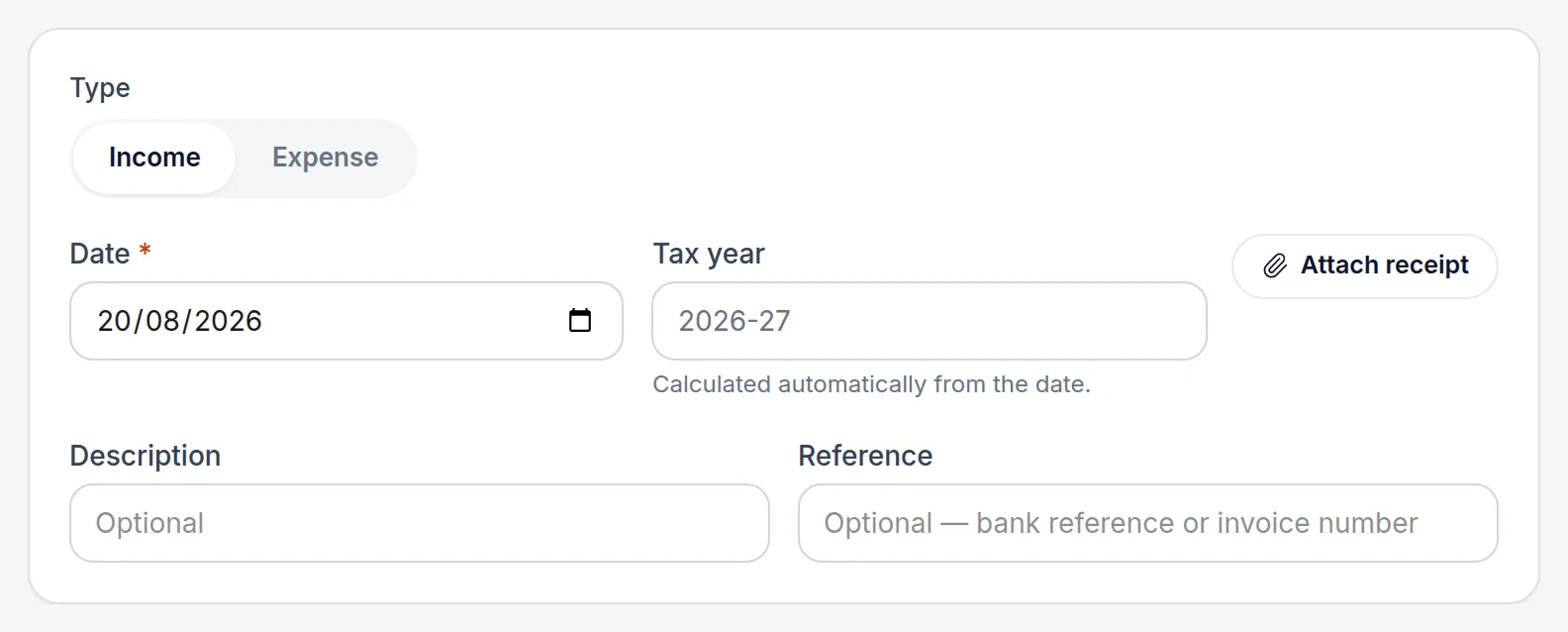 The attach receipt control on a transaction form, before a file is chosen