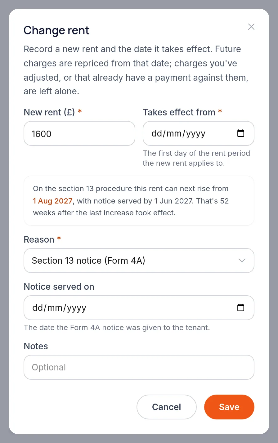 The Change rent dialog with new rent, effective date, reason and notice served date