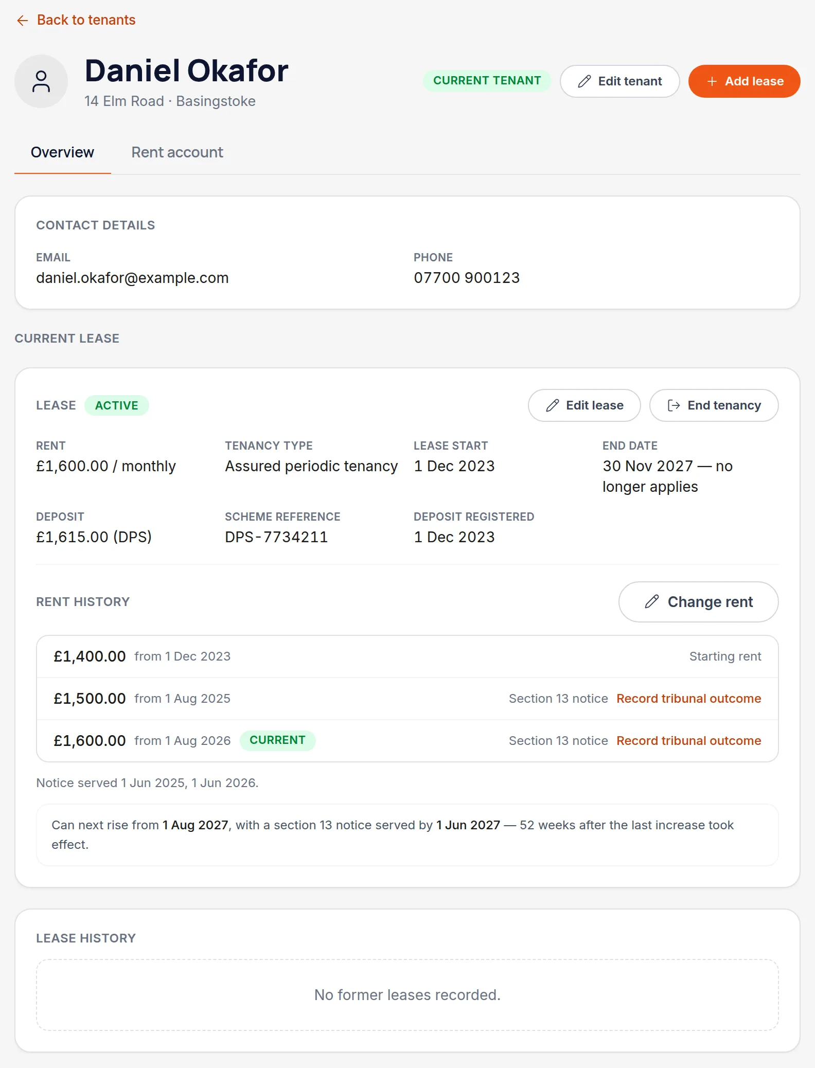 A tenancy record with a Change rent action next to the current rent amount