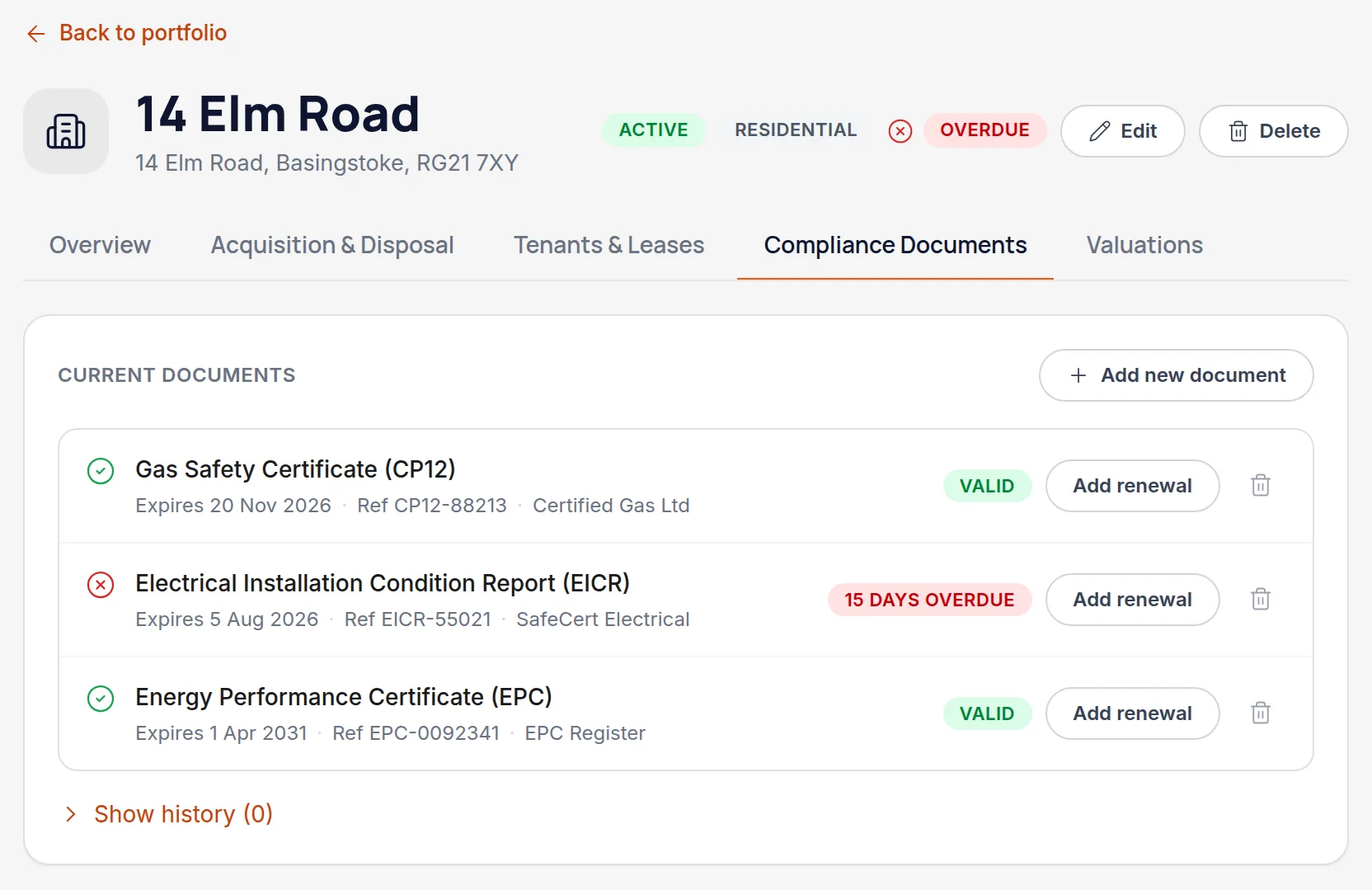 A property's Compliance tab listing gas safety, EICR and EPC with expiry dates and status badges