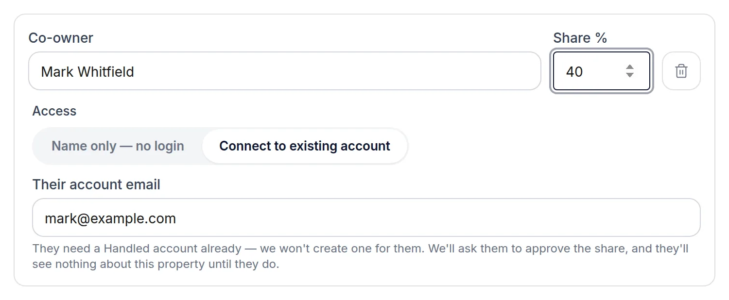 A co-owner row on the Ownership step, with Access set to Connect to existing account and an account email entered