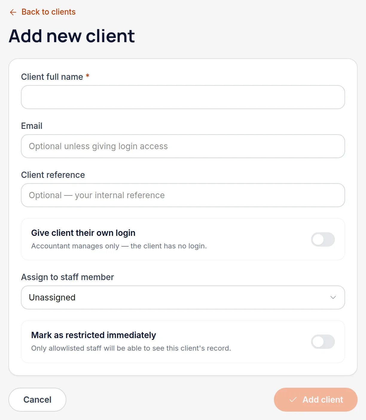 The add new client form with name, email, client reference and staff assignment