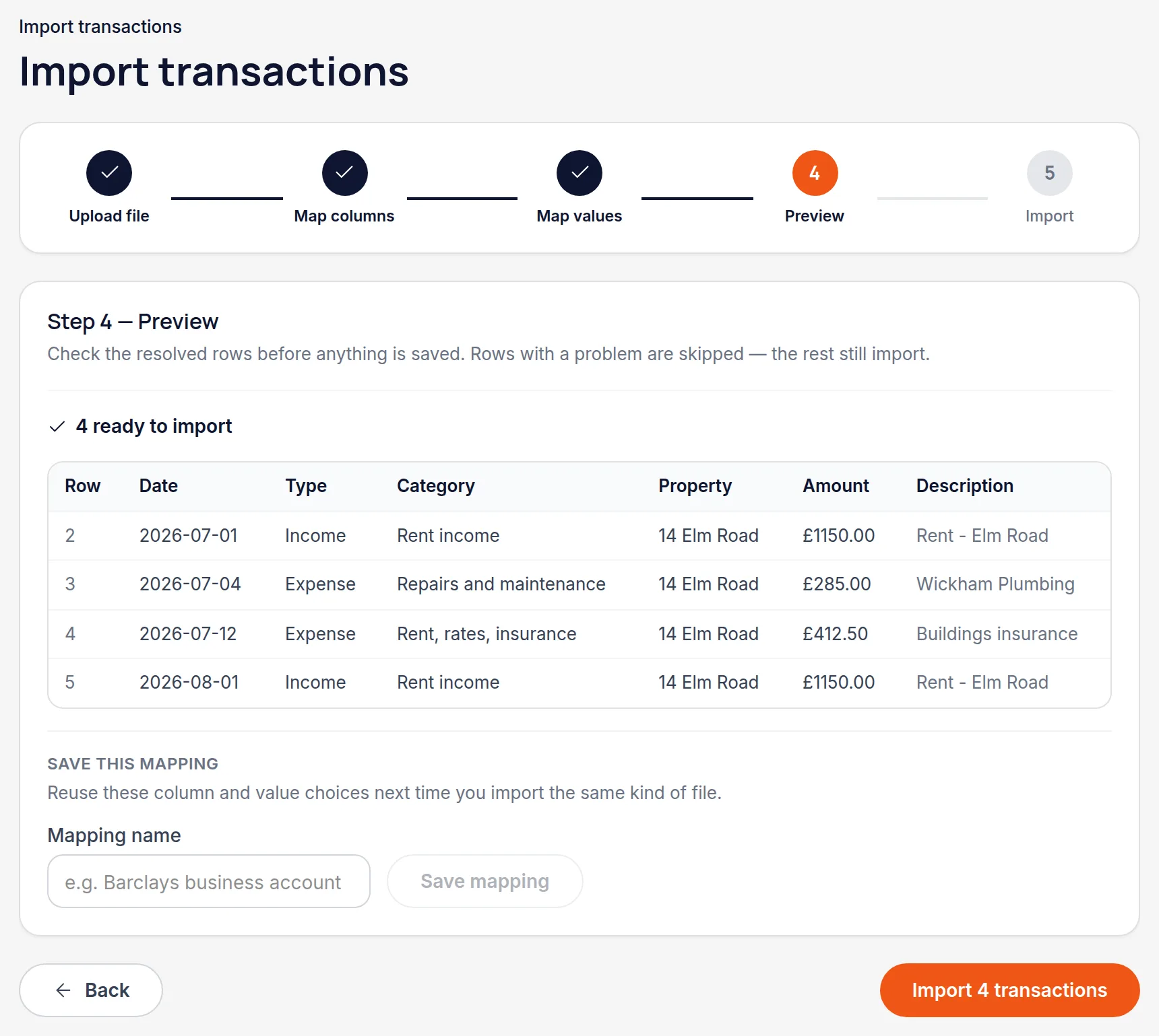 The import preview listing rows to be created, with problems and possible duplicates flagged