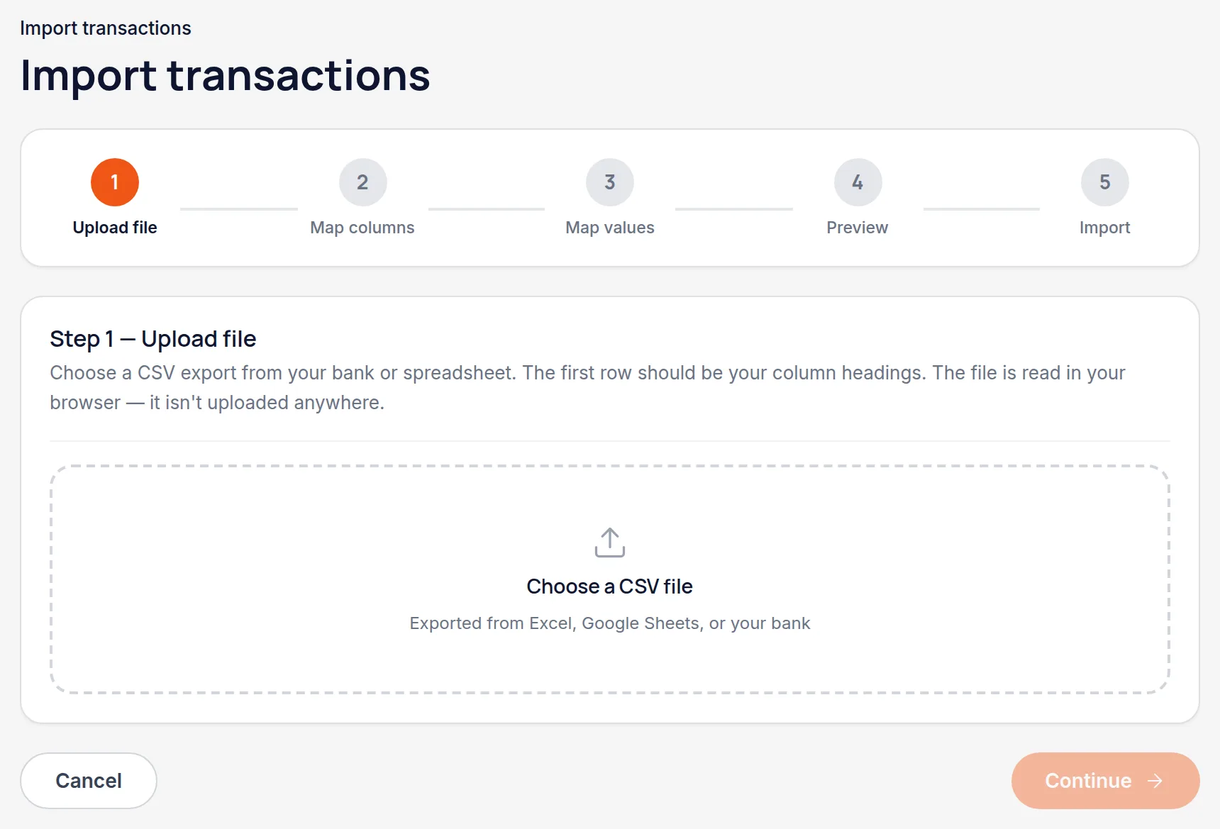 The import wizard's upload step with a CSV file selected