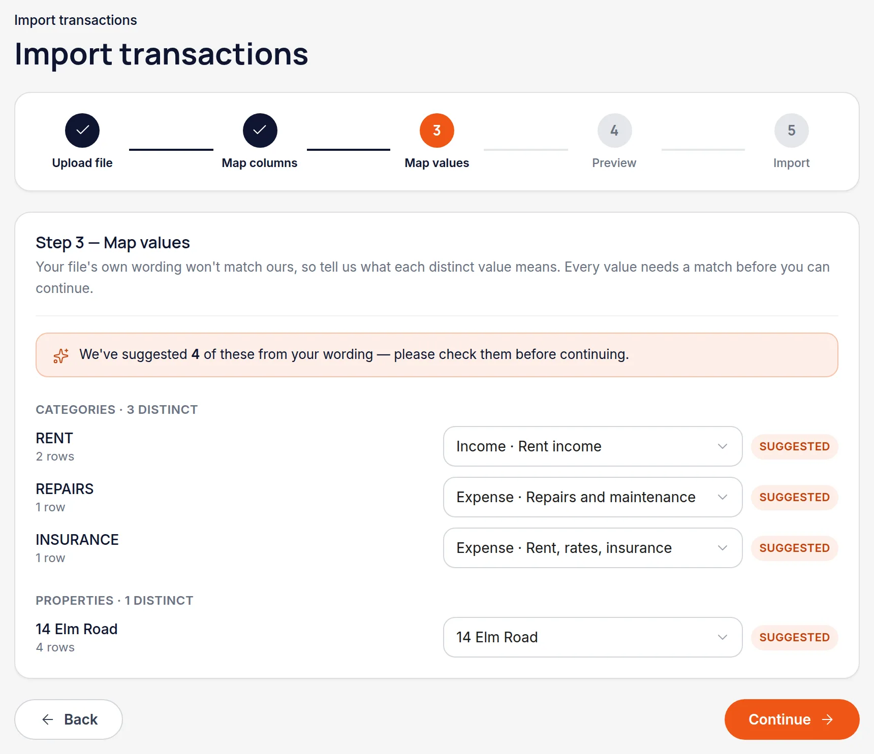 The value mapping step matching categories and properties from the file to Handled's own