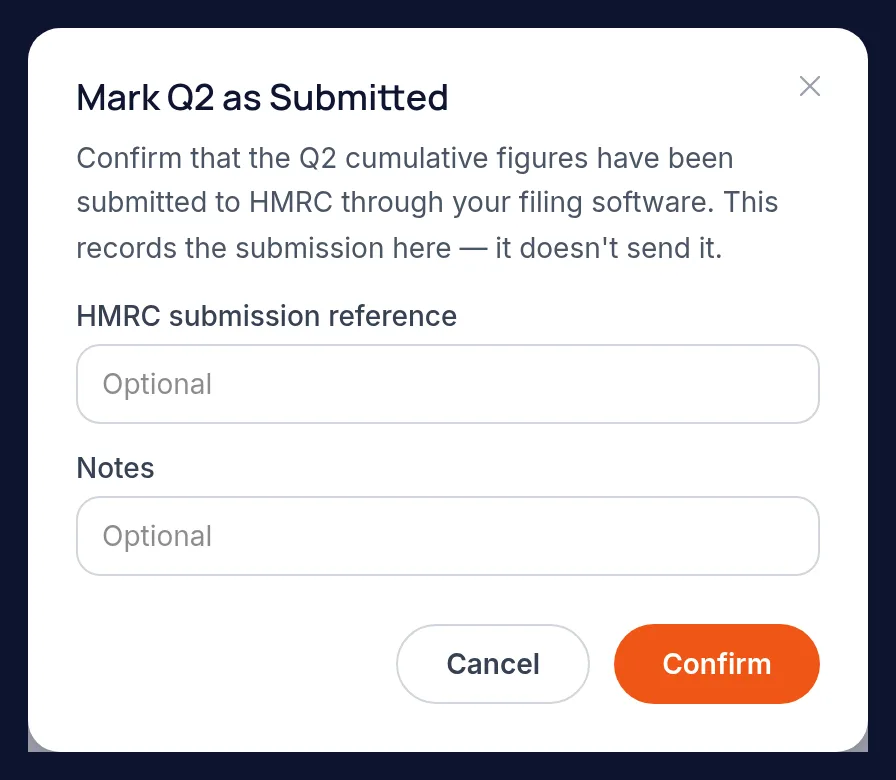 The mark as submitted dialog with a field for the HMRC submission reference