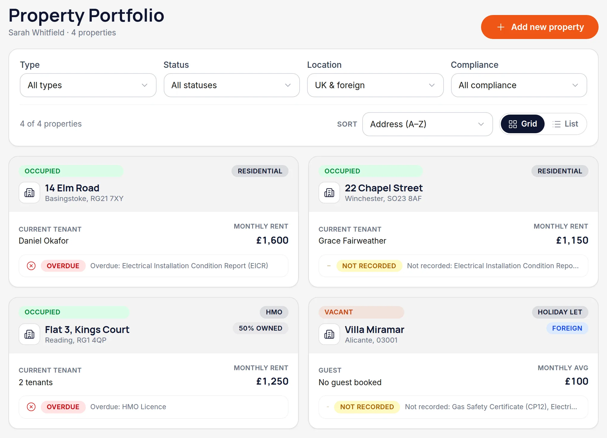 The Property Portfolio screen with an Add new property button above the property cards