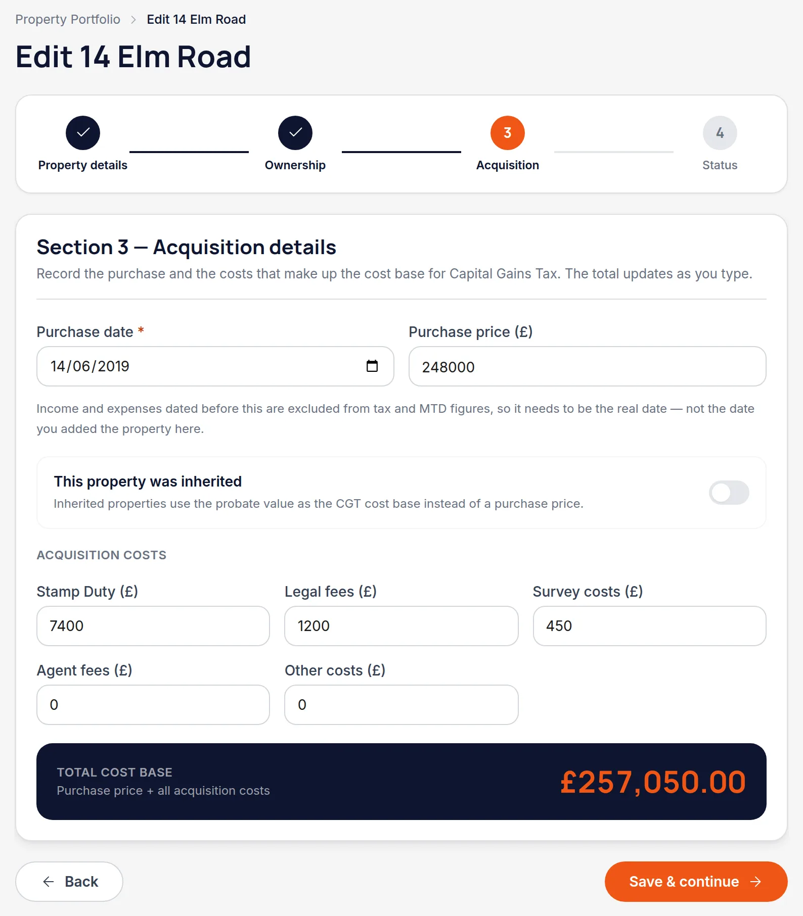 Step 3 of the property form with a required purchase date, purchase price and the acquisition costs that make up the cost base
