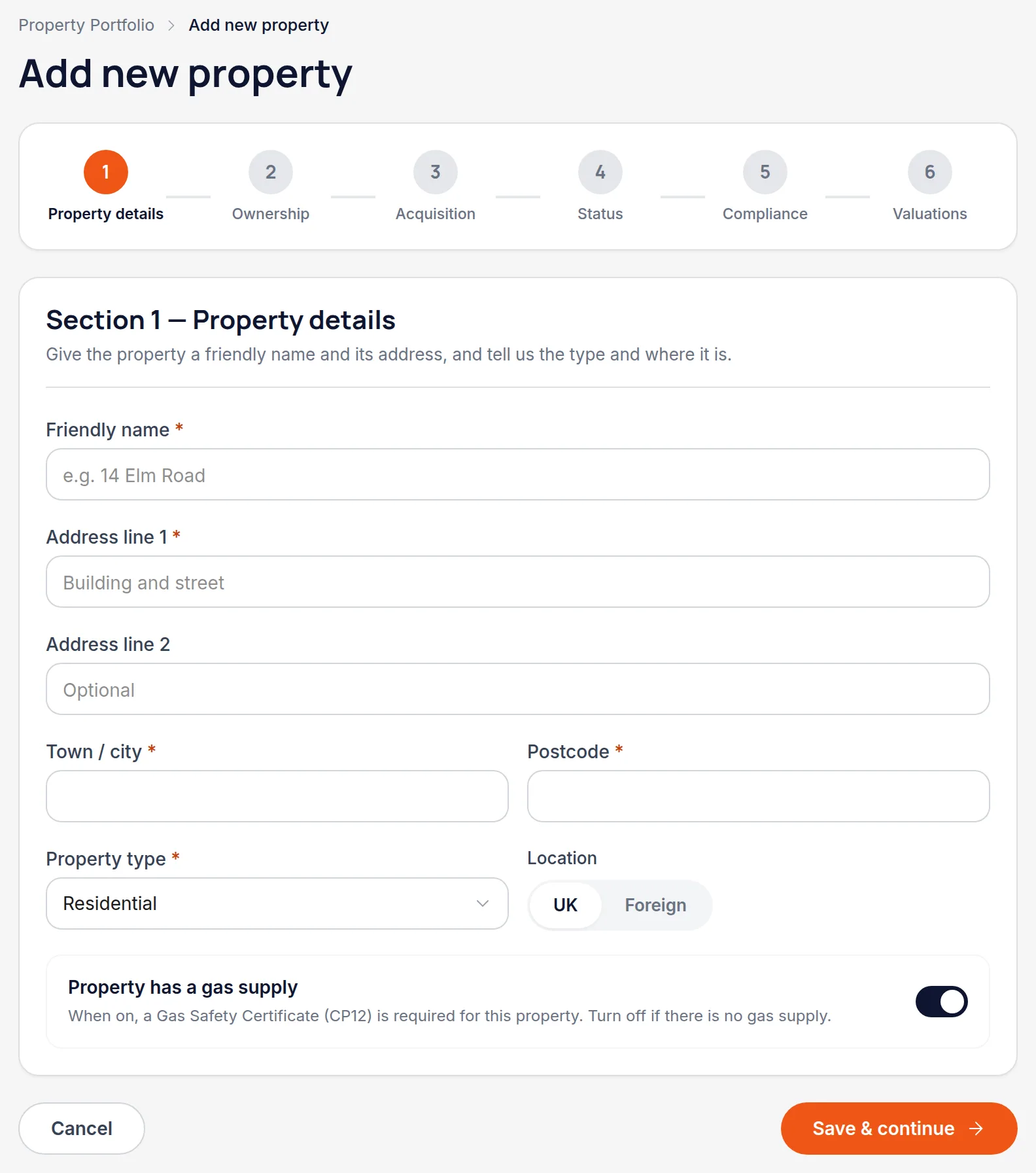 Step 1 of the property form with friendly name, address, property type and a UK/Foreign toggle