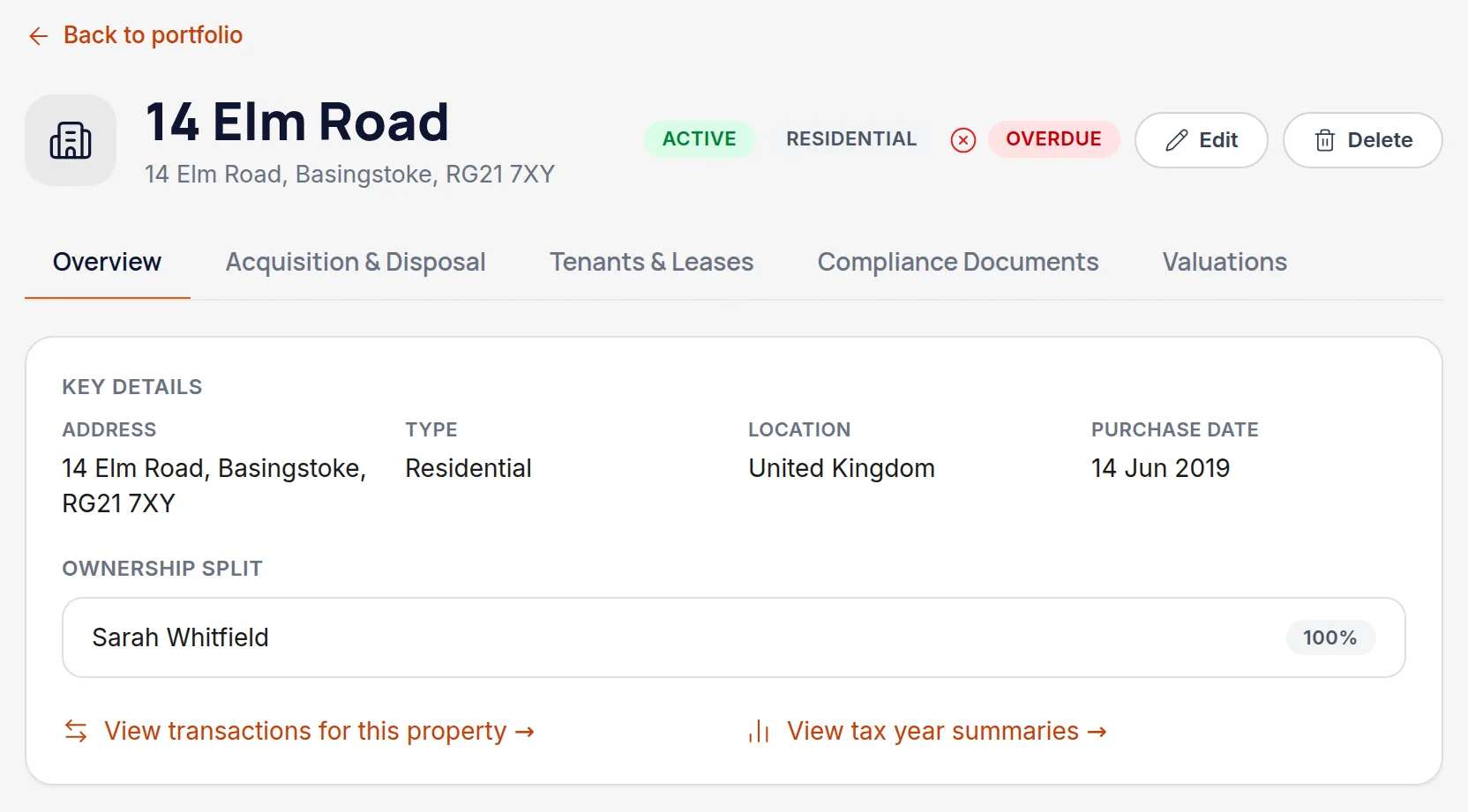 A saved property page with Overview, Tenants, Compliance, Valuations and Acquisition tabs