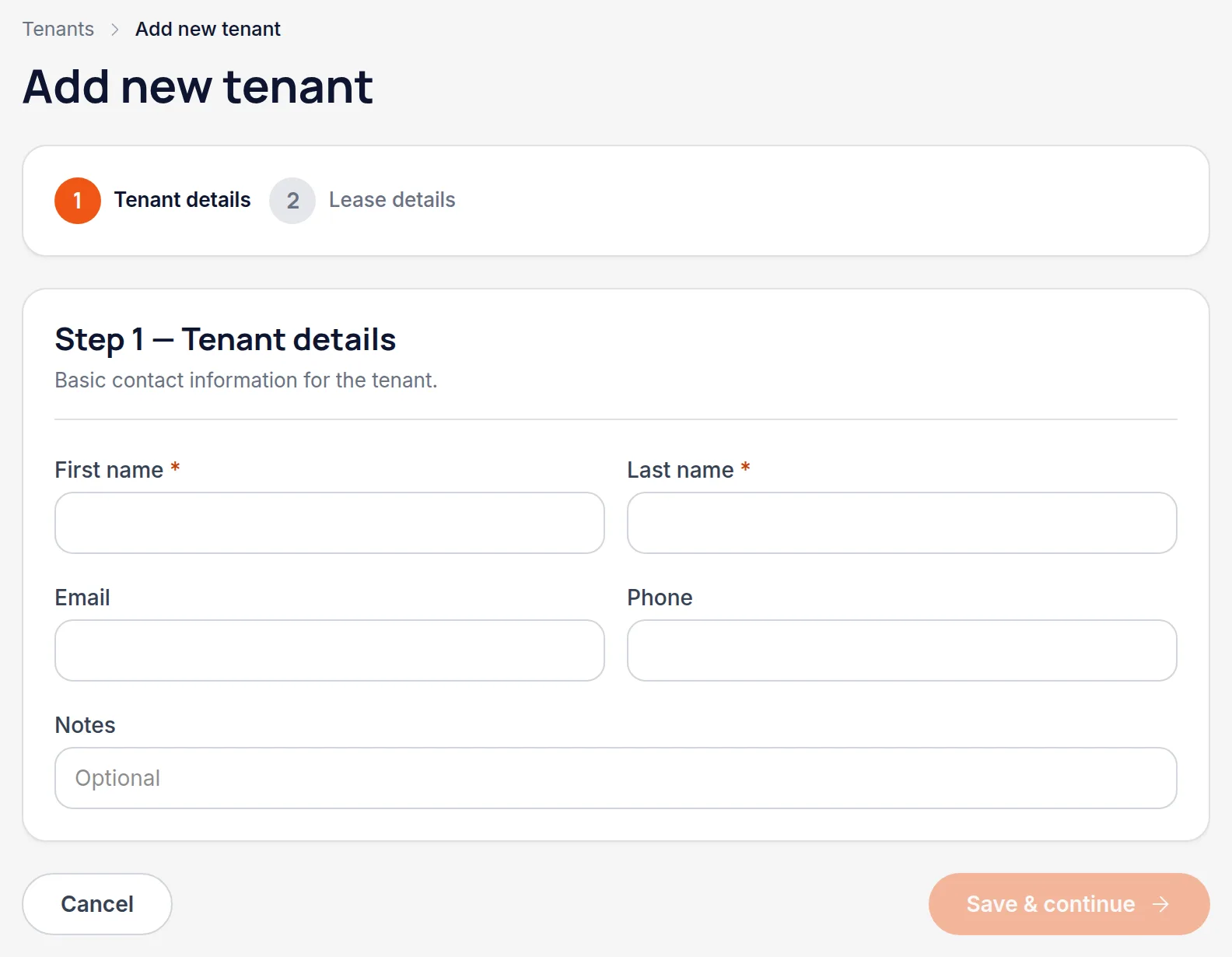 Step 1 of the tenant form with first name, last name, email, phone and notes