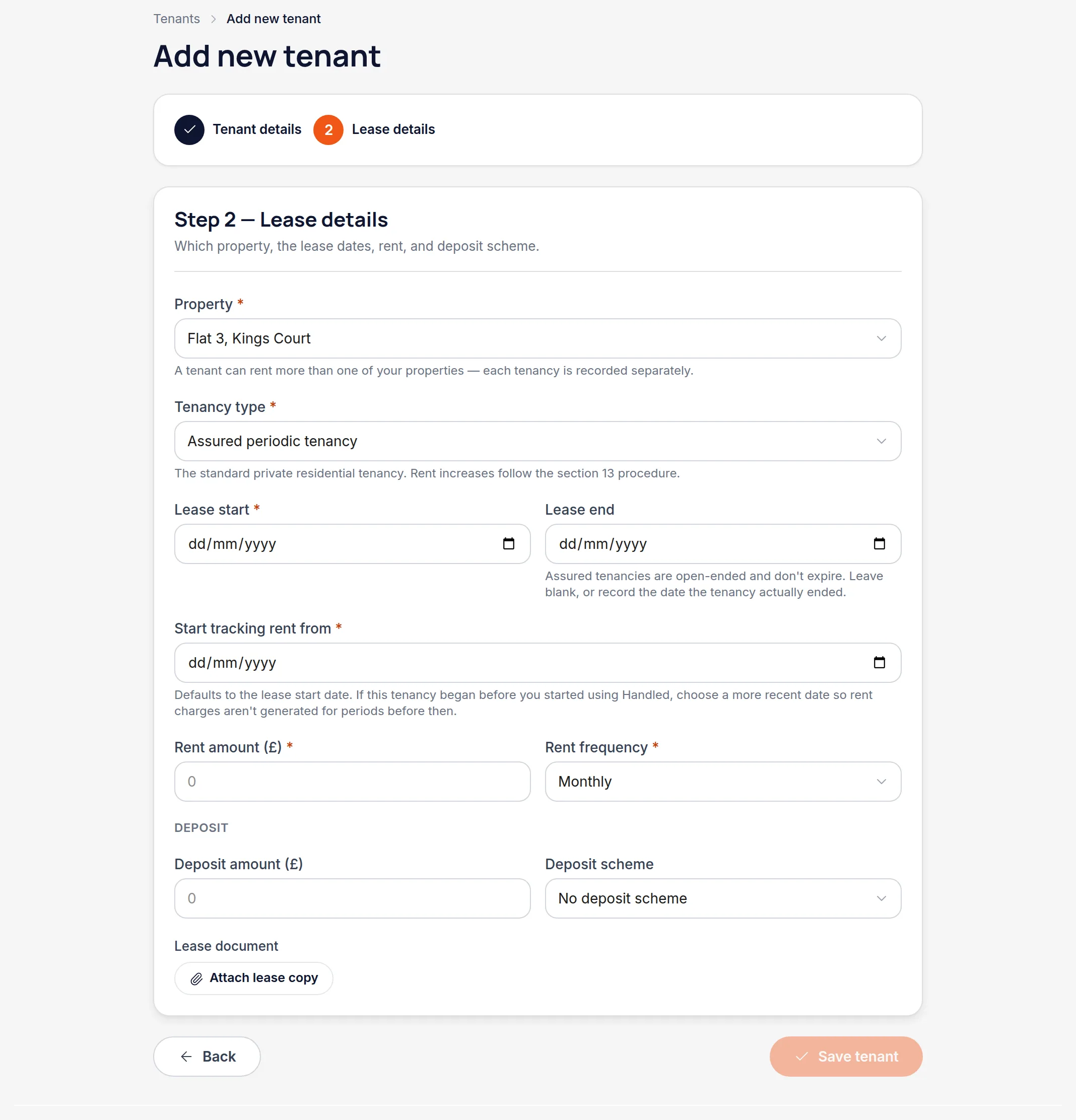 Step 2 of the tenant form with property, tenancy type, lease dates, rent amount, frequency and deposit scheme