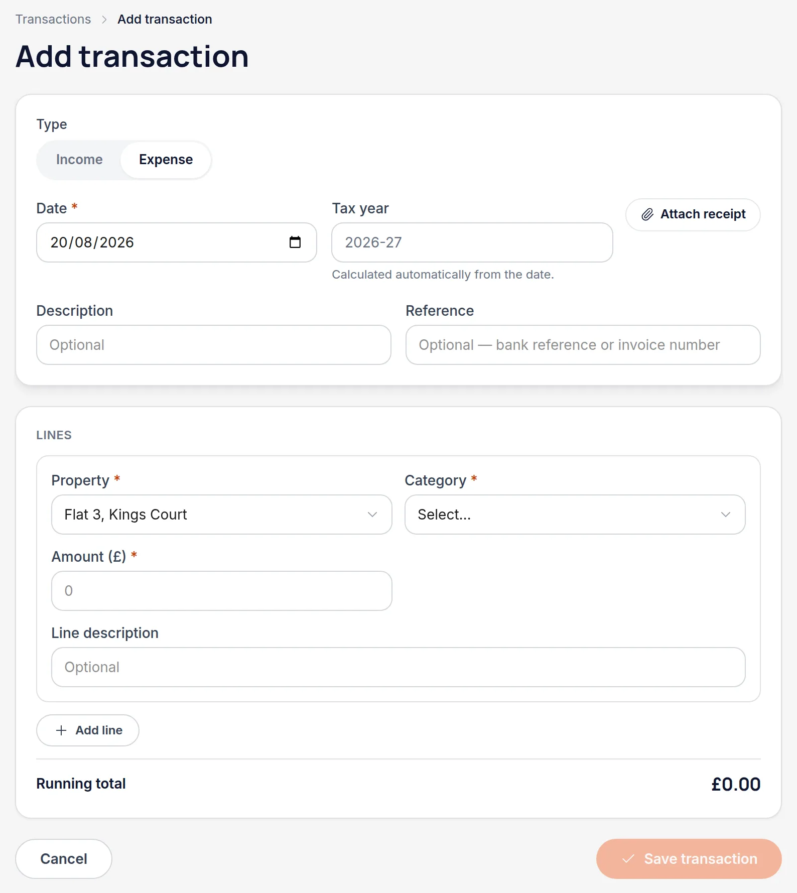 The add transaction form with the type toggle set to Expense