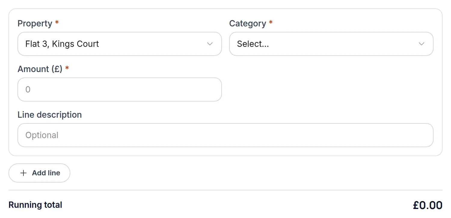 A transaction line with its property, HMRC category and amount fields